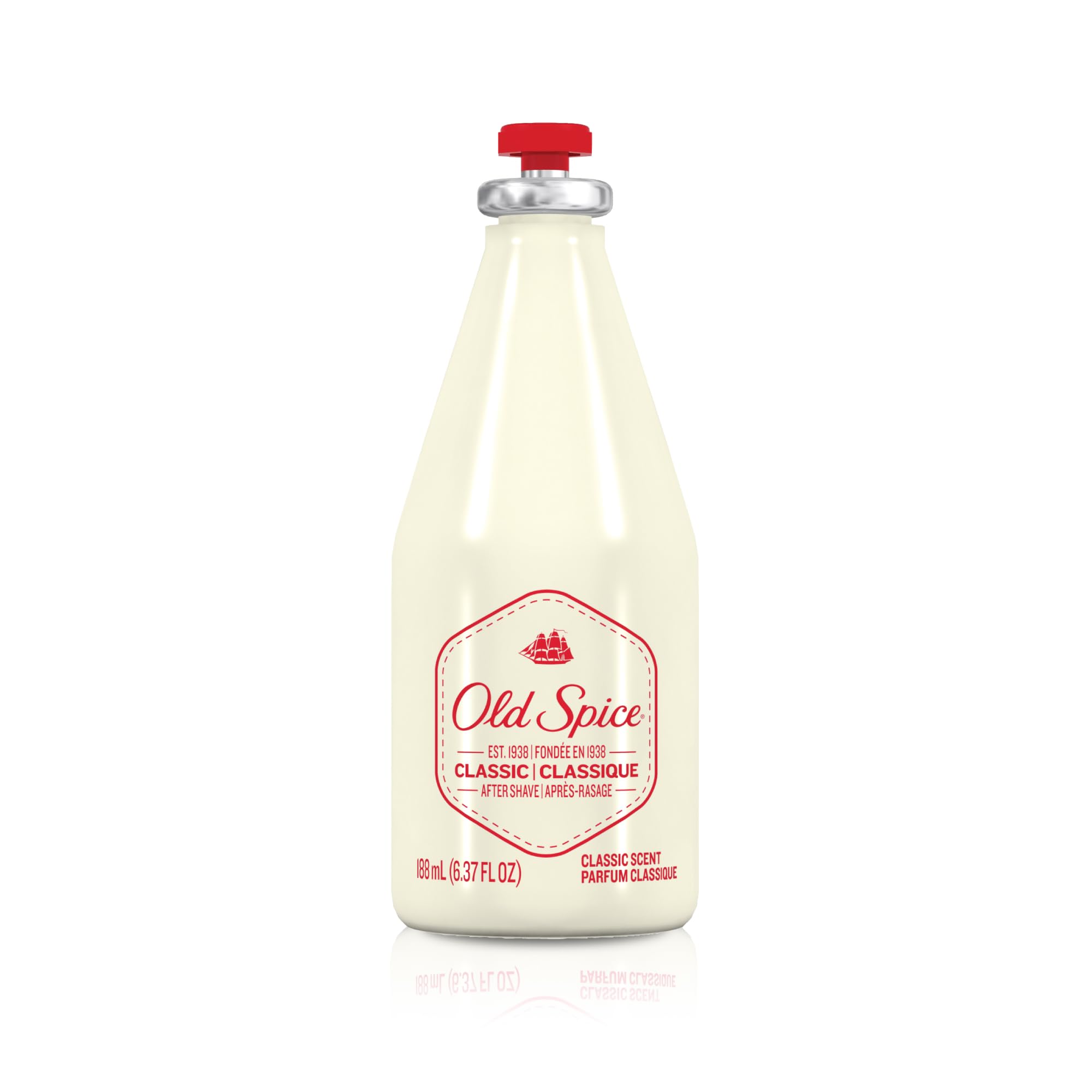 Old Spice Classic bottle on shelf indicates easy accessibility.