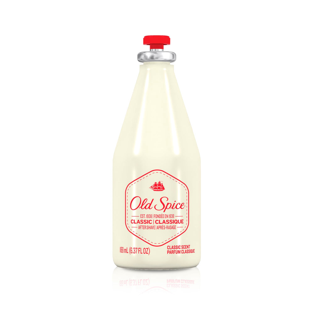 Old Spice Classic bottle on shelf indicates easy accessibility.