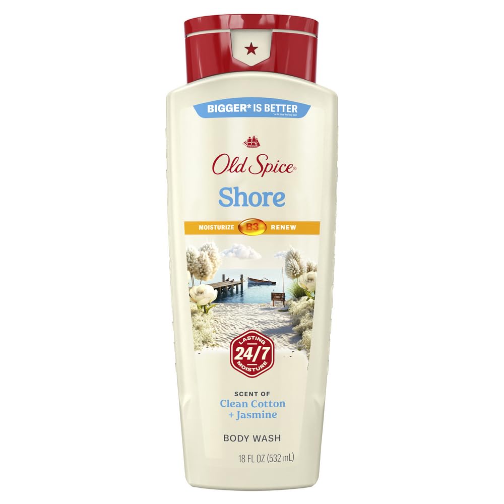 Old Spice cleansing body wash bottle pours with 24/7 shower fresh scent.
