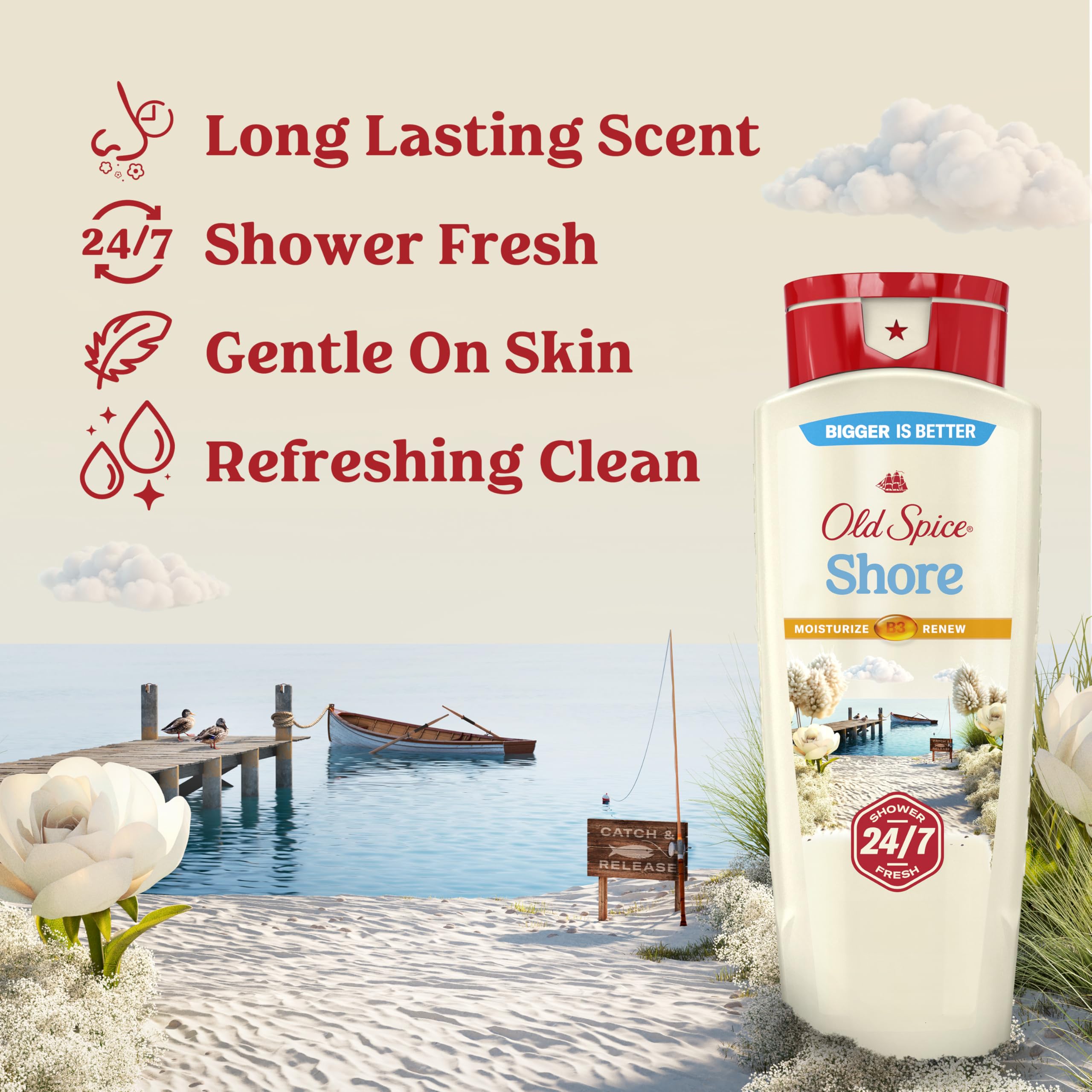 Old Spice cleansing body wash rich lather shown for long-lasting freshness.