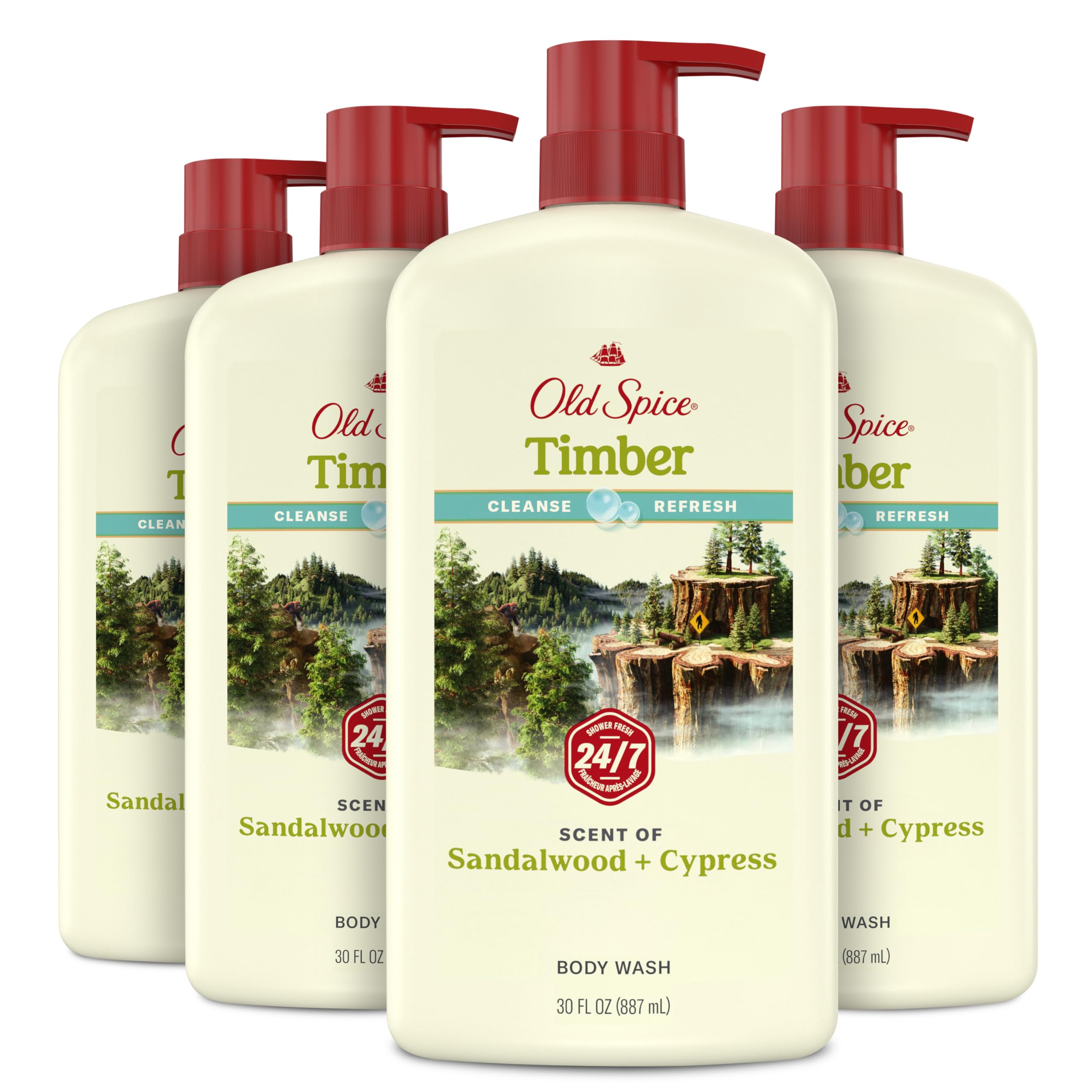 Old Spice Cleansing Body Wash bottle pour shows lasting scent for daily use.