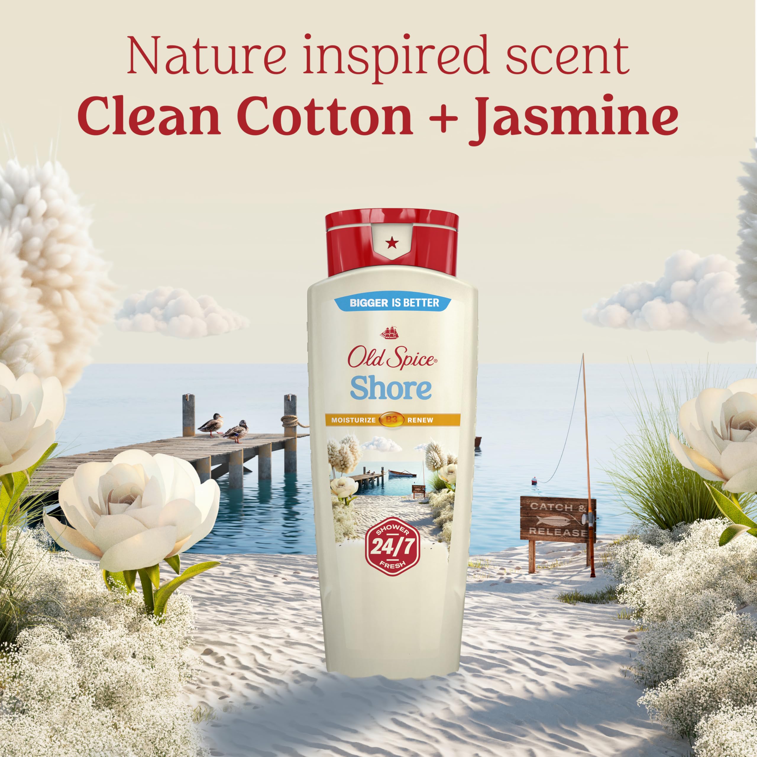 Old Spice Clean Cotton & Jasmine aroma in a shower scene keeps you smelling great.