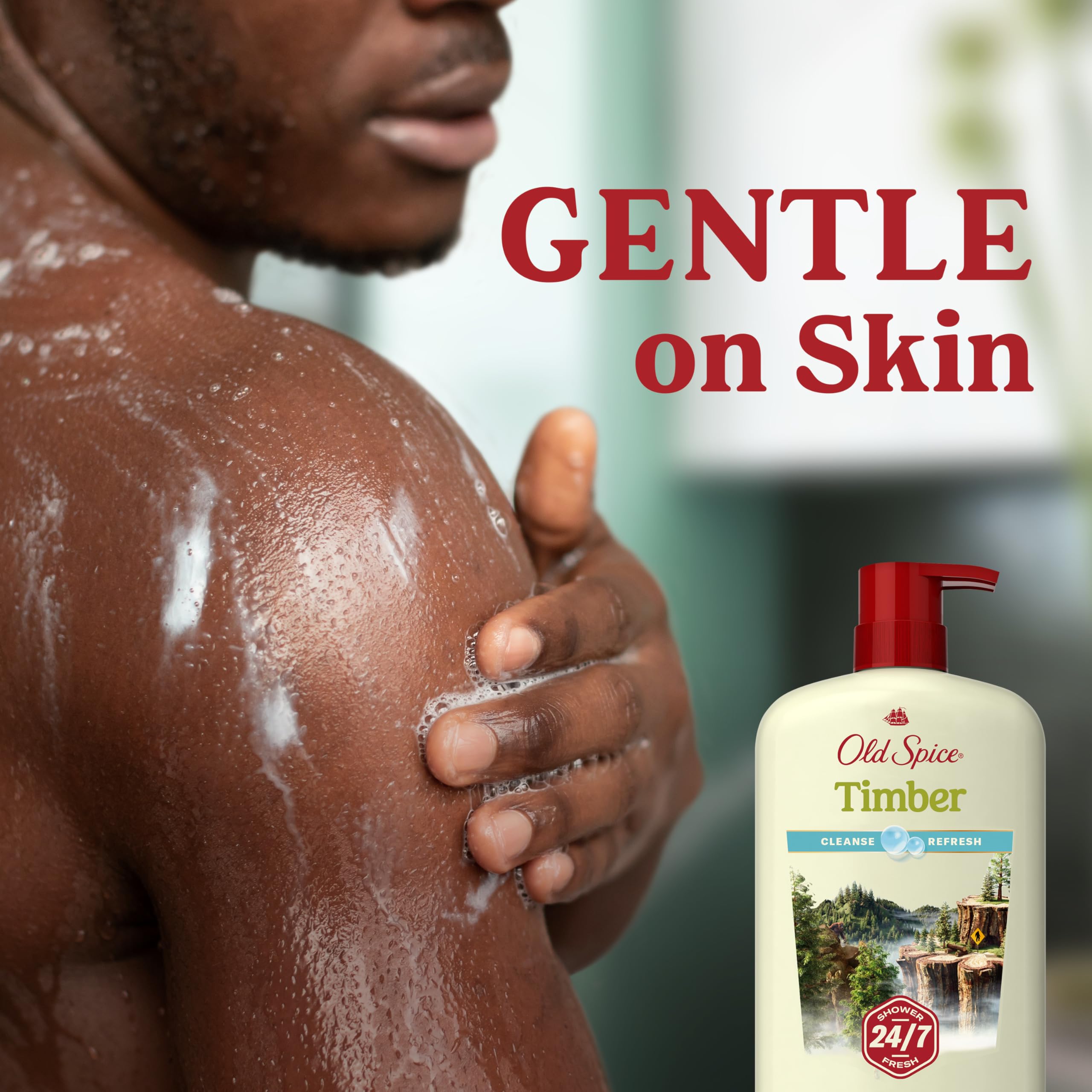 Morning routine with Old Spice body wash for an energized start.