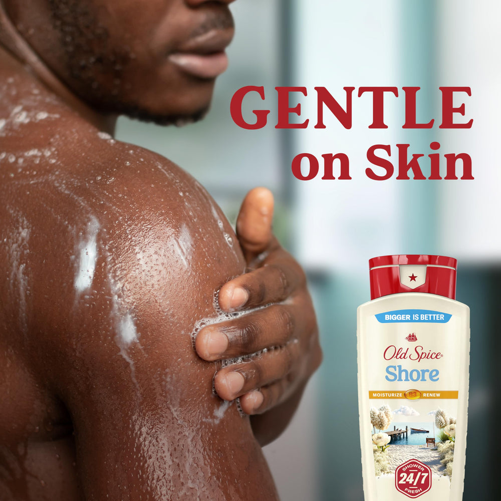 Old Spice cleansing body wash Vitamin B3 label signals skin-friendly nourishment.