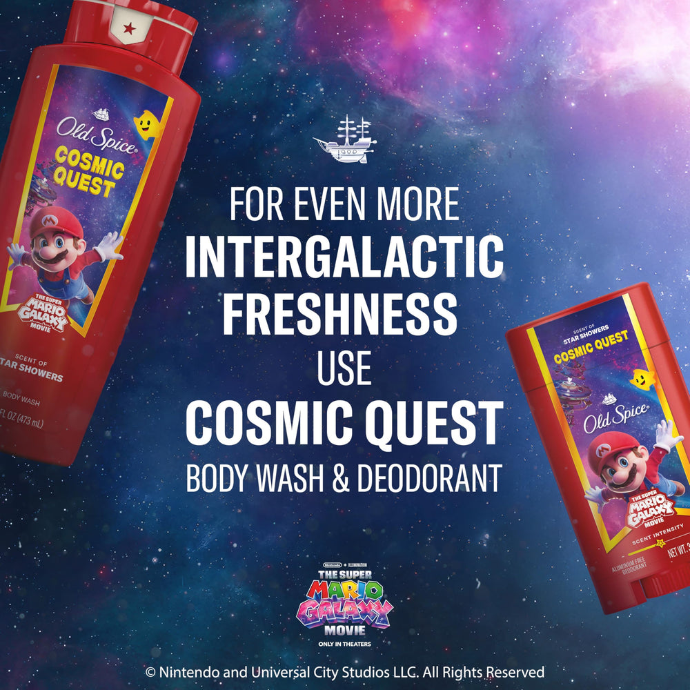 24 oz Cosmic Quest bottle on bathroom shelf.