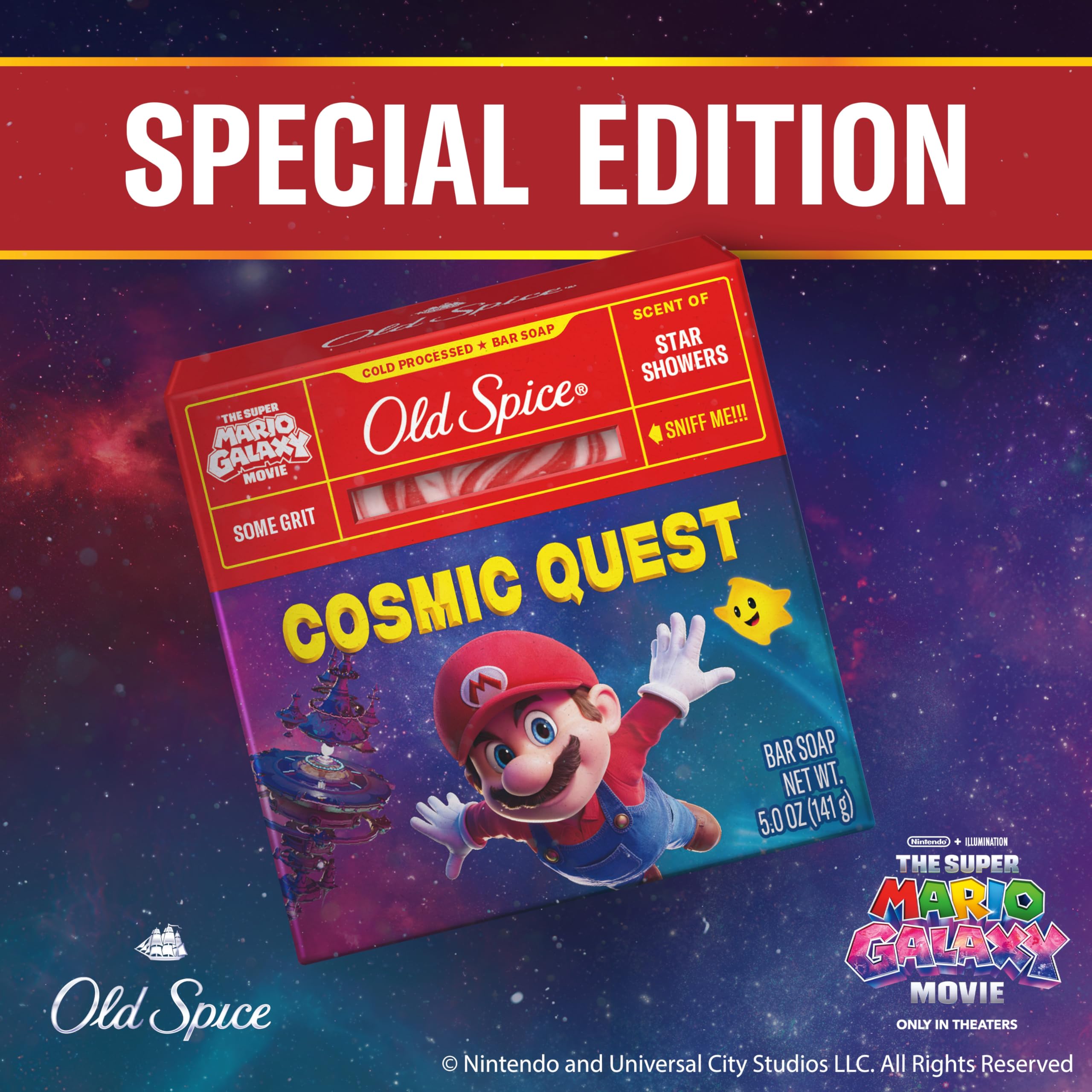 Old Spice Cosmic Quest bar near natural ingredient icons