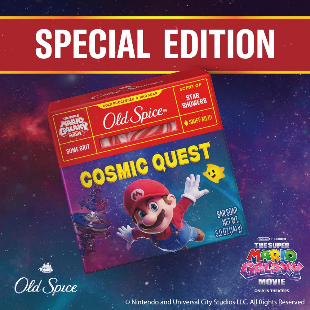 Old Spice Cosmic Quest bar near natural ingredient icons