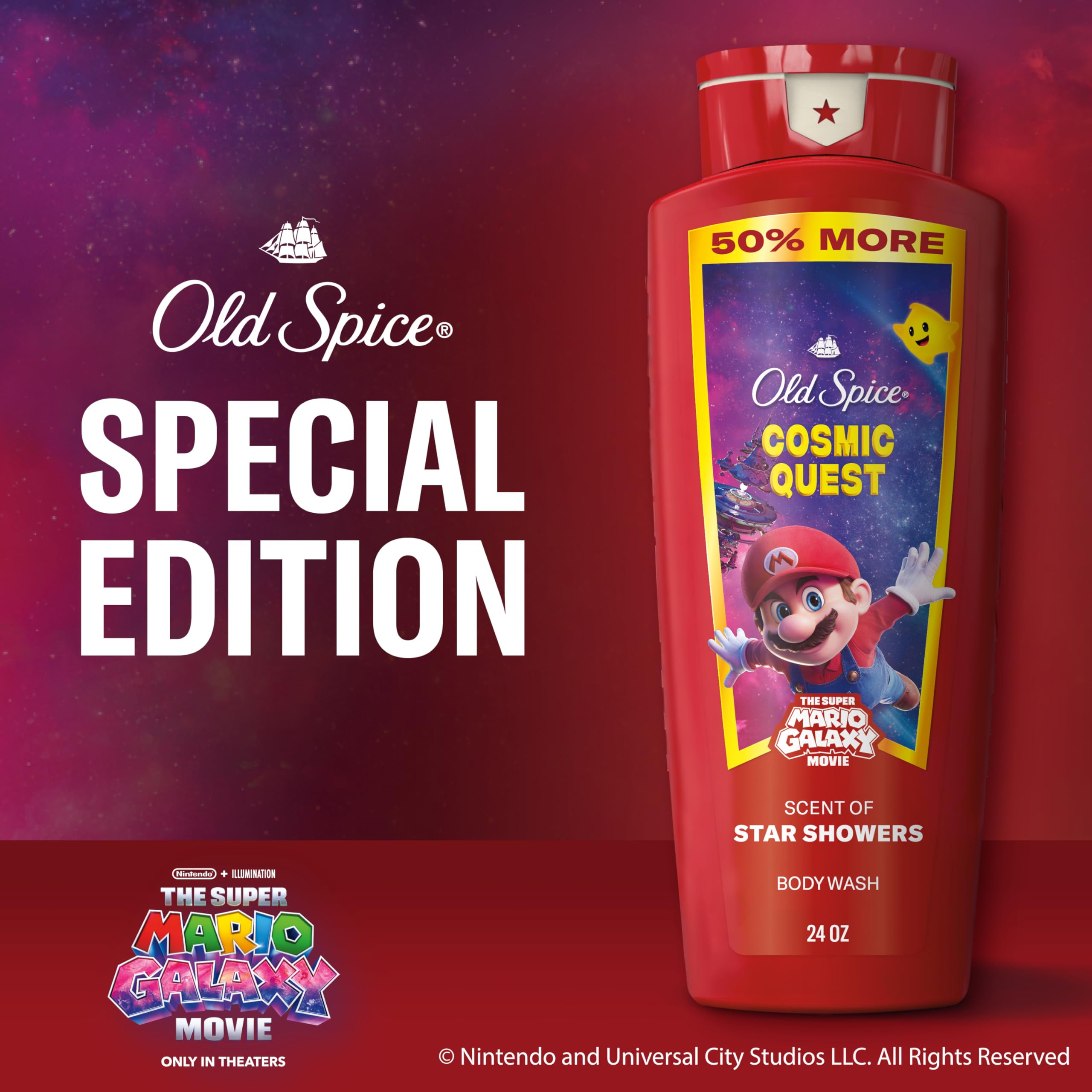 Mario Galaxy collaboration art on Cosmic Quest bottle.