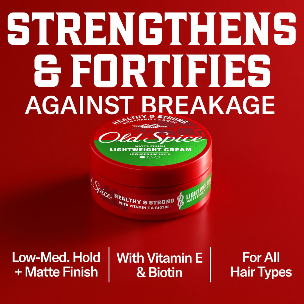 Old Spice crema con vitamina E y biotina para cabello más fuerte.