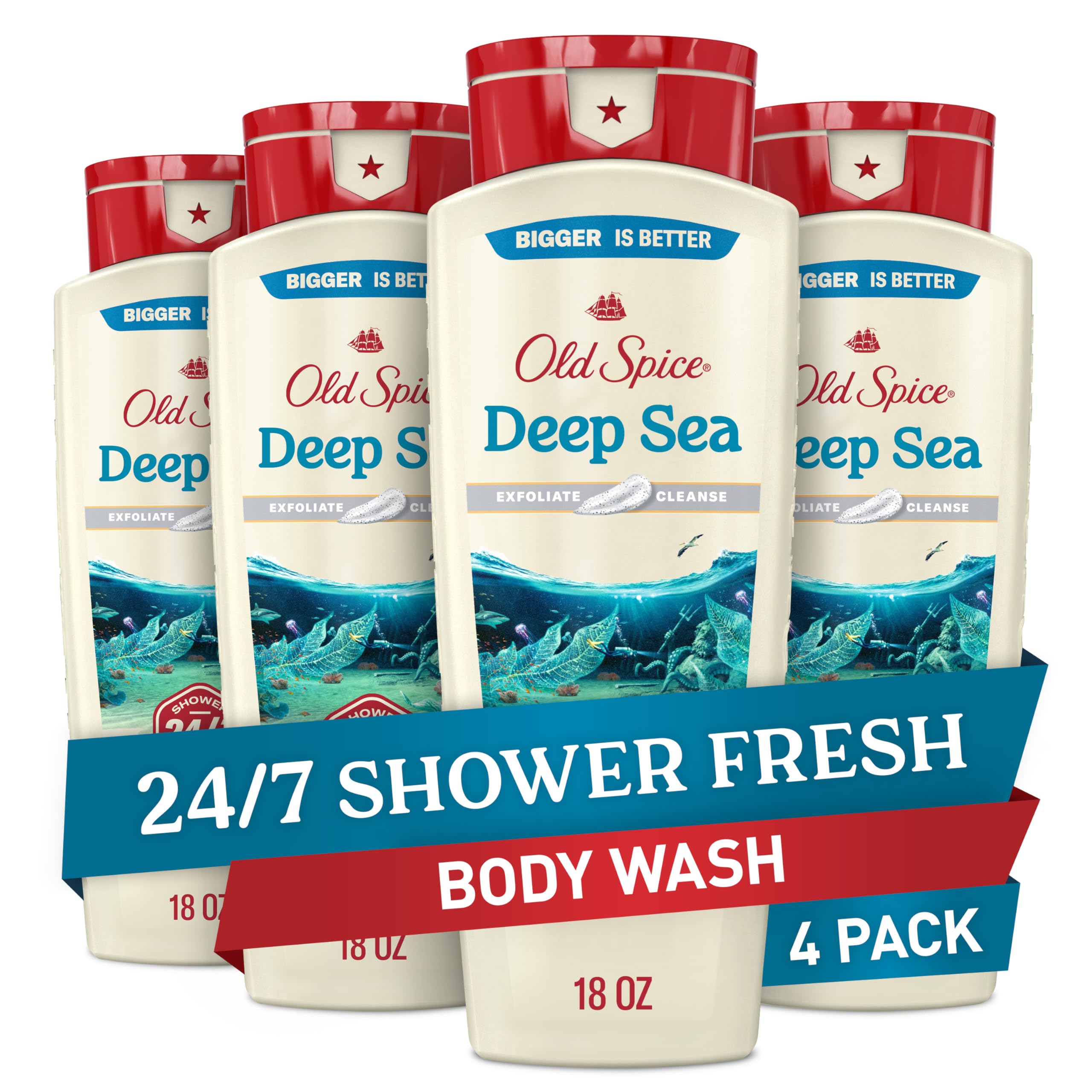 Old Spice Deep Cleanse bottle pour showcases lasting freshness for daily showers.