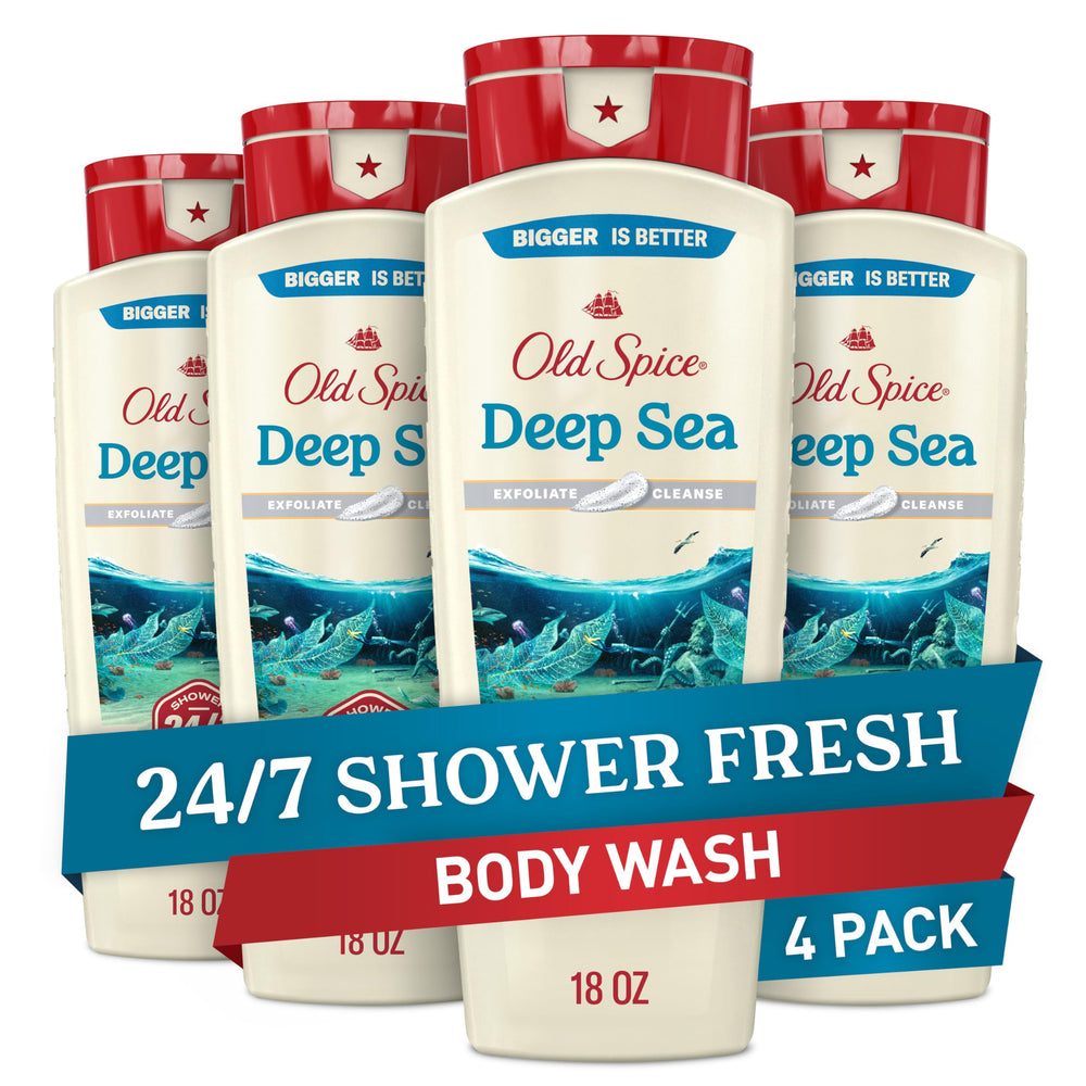 Old Spice Deep Cleanse bottle pour showcases lasting freshness for daily showers.