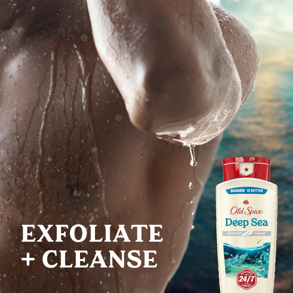 Old Spice Deep Sea Minerals lather zoom emphasizes cleansing and invigorating texture.