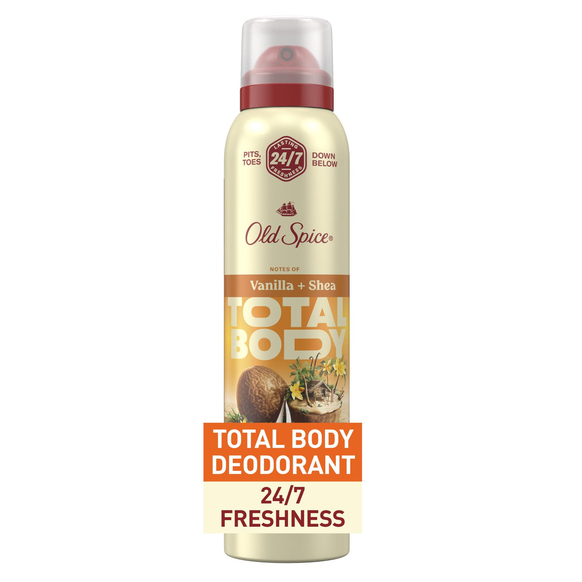 Old Spice Vanilla + Shea, botella del desodorante corporal para uso en todo el cuerpo.