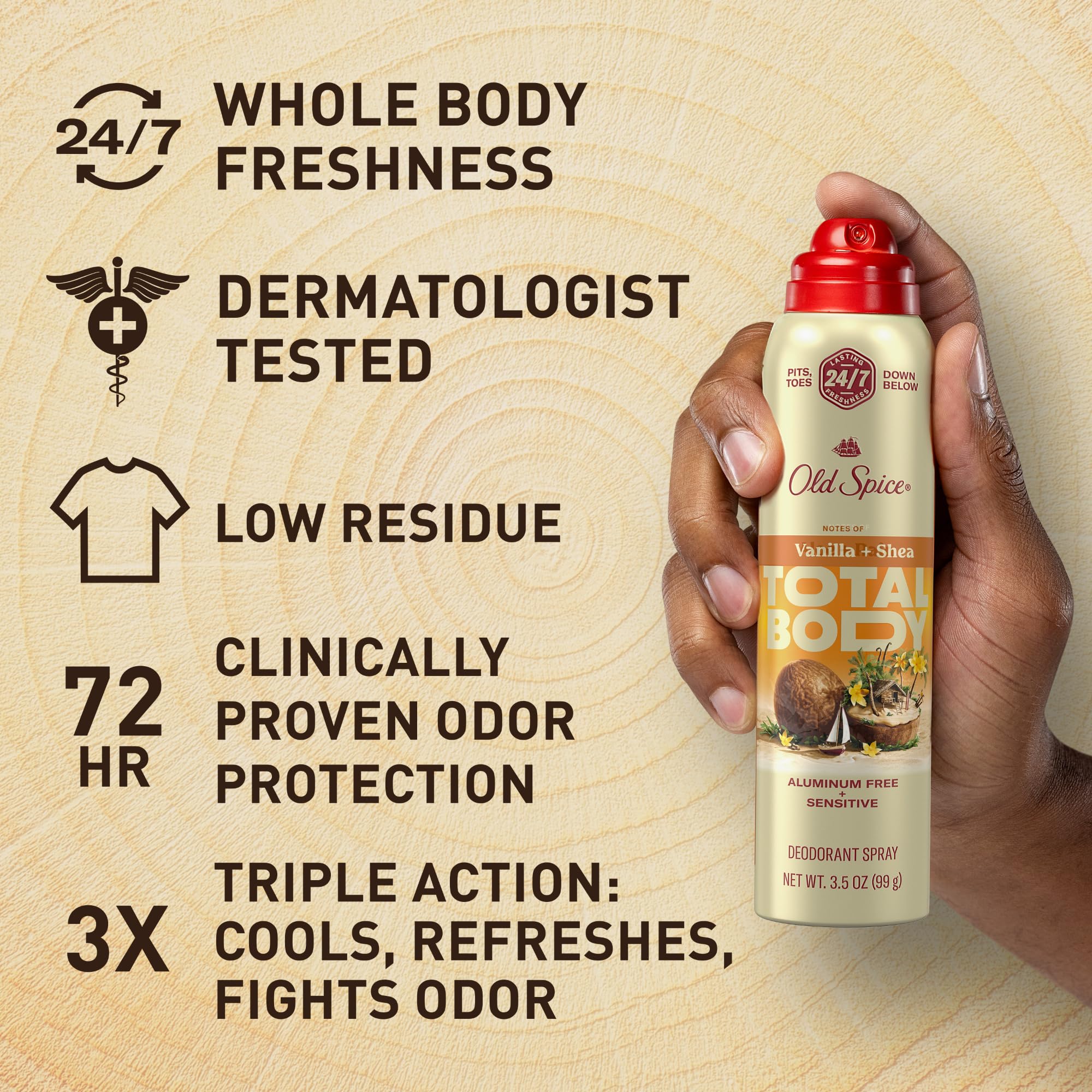 Old Spice Vanilla + Shea, etiqueta frontal con fragancia duradera.