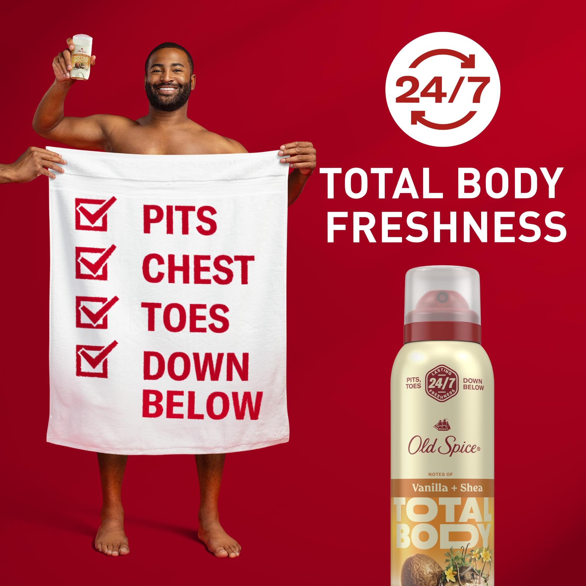 Old Spice Vanilla + Shea, spray para aplicación rápida y sin contacto.