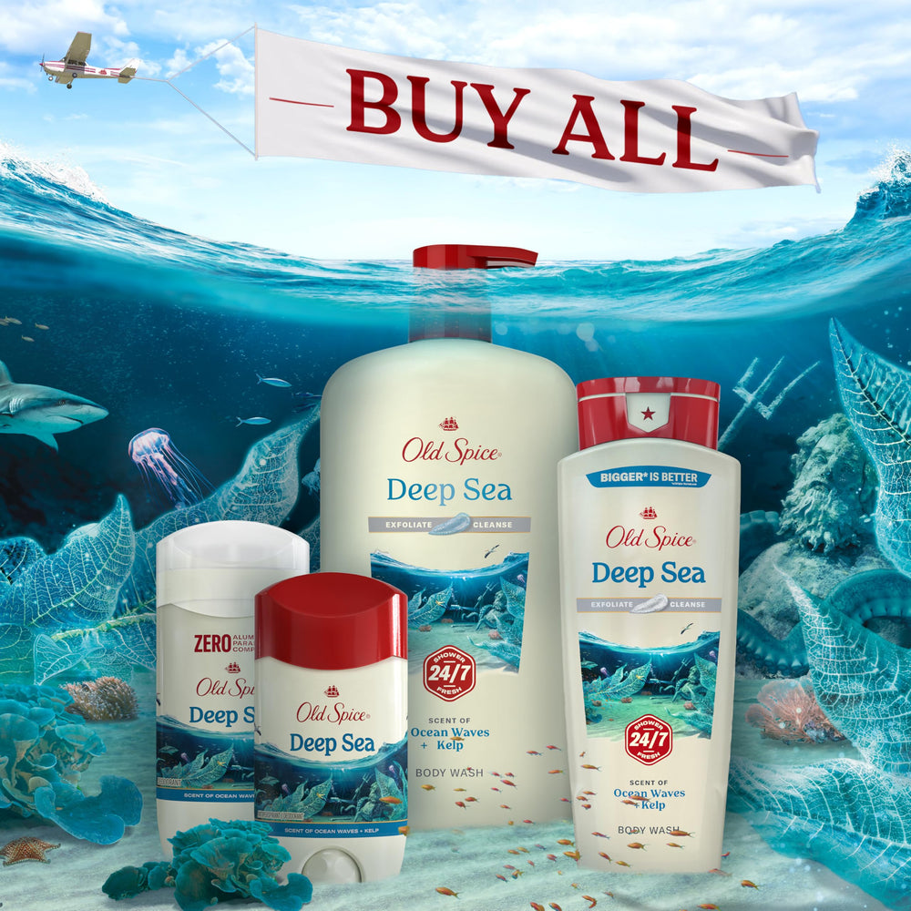Old Spice Dry Feel, capa protectora 24/7, fragancia Océano Profundo continua.