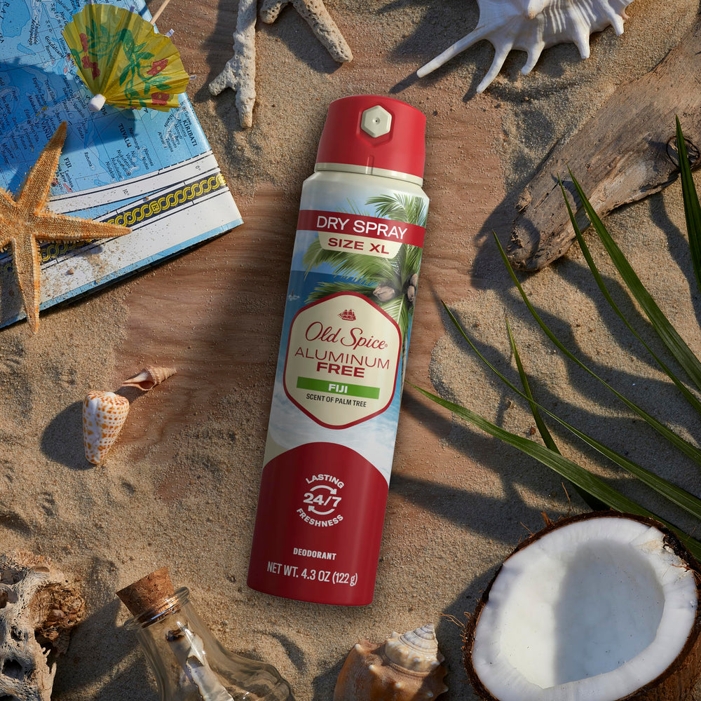 Old Spice Fiji spray, aplicación diaria para frescura continua.