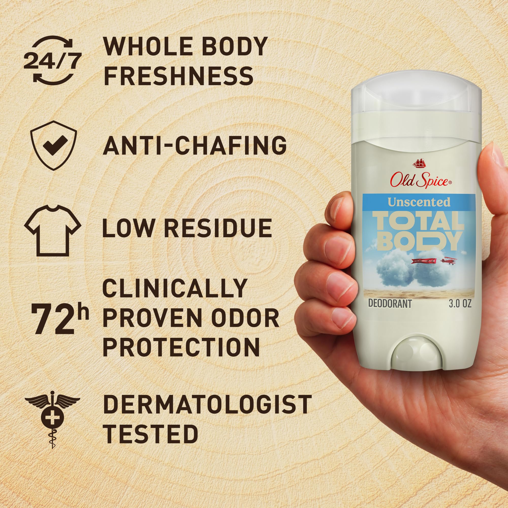 Old Spice desodorante total cuerpo, protección 24/7 sin fragancia.