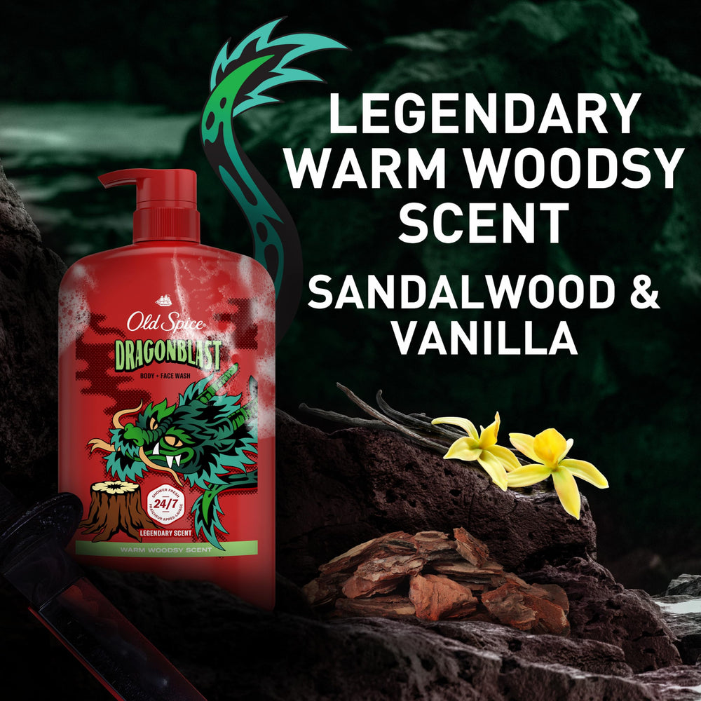 Shower scene with Dragonblast suggesting a swift morning routine and lasting scent