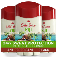 Old Spice Dry Feel Fiji bottle shows 24/7 protection and tropical scent.