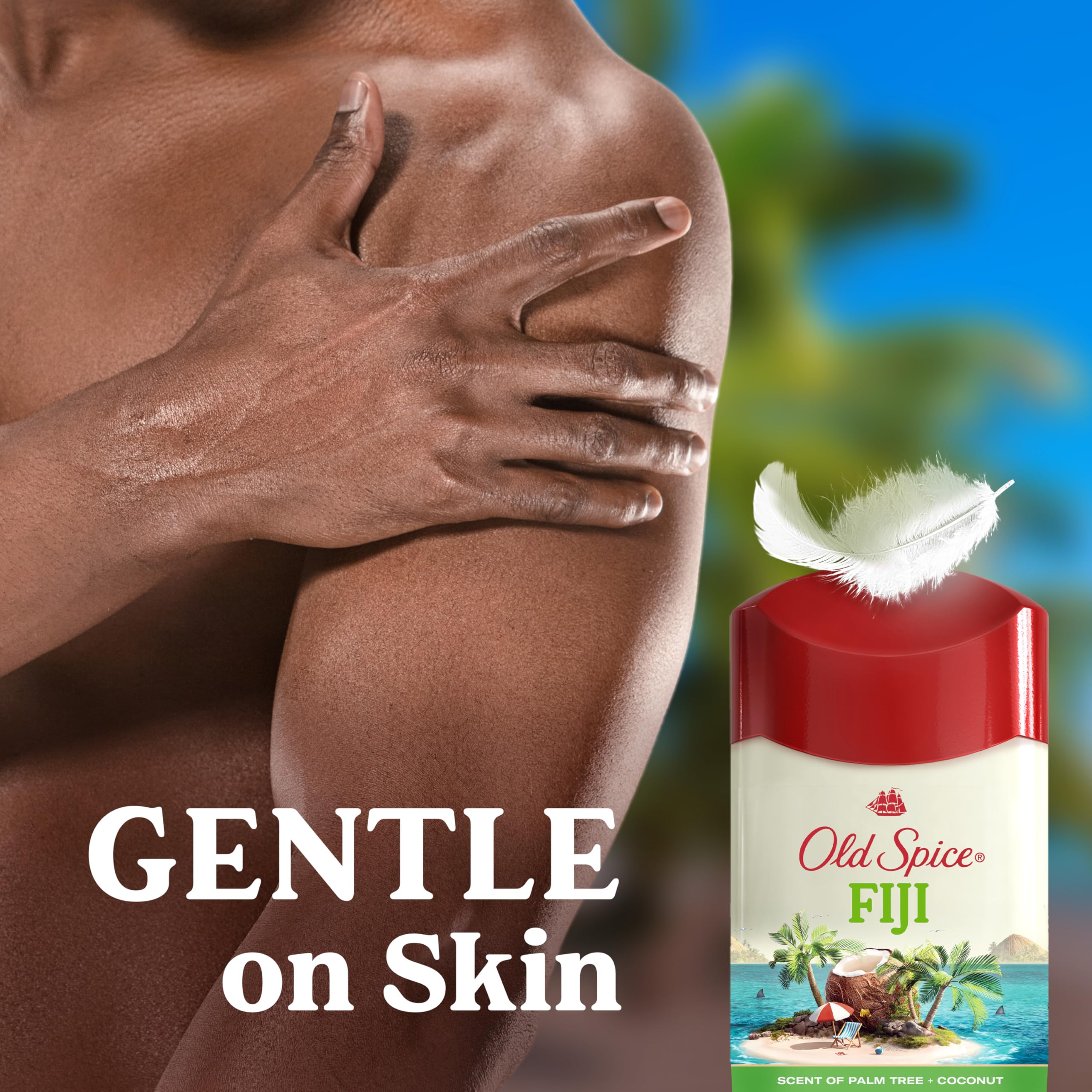 Close-up of Old Spice Dry Feel Fiji label with palm tree and coconut notes.