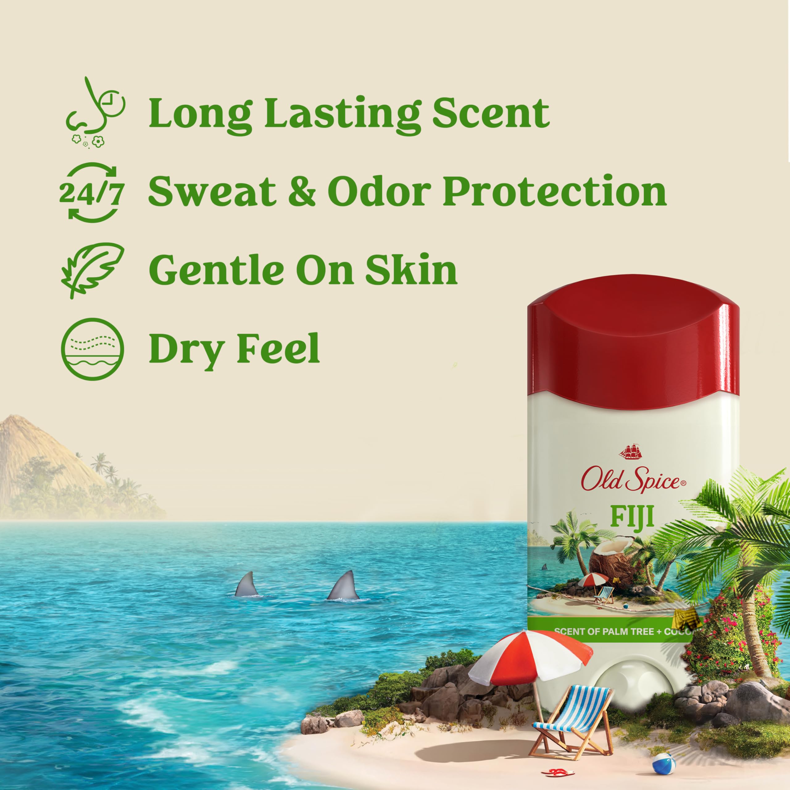 Close-up of Old Spice Dry Feel Fiji stick for smooth application.