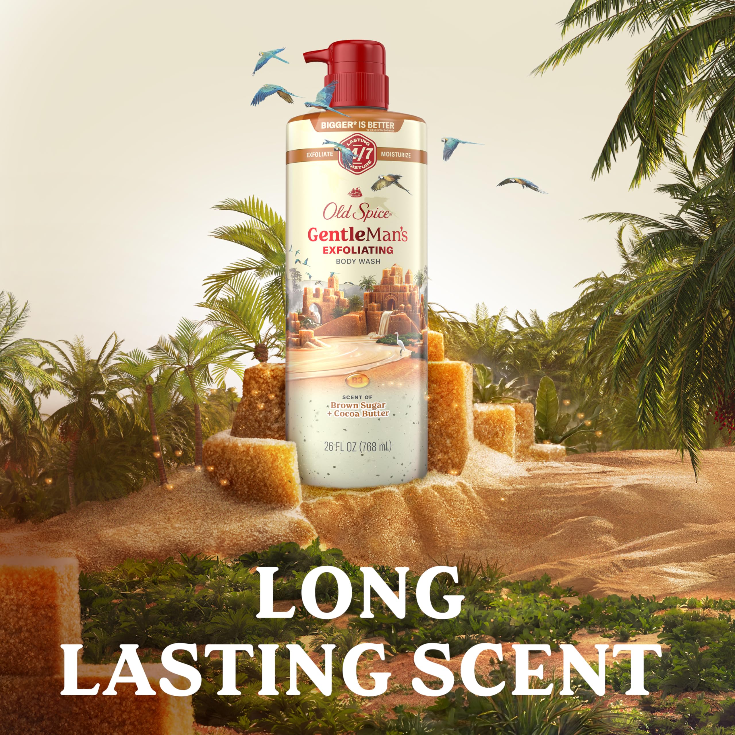 Formato de envase de Old Spice en baño moderno.