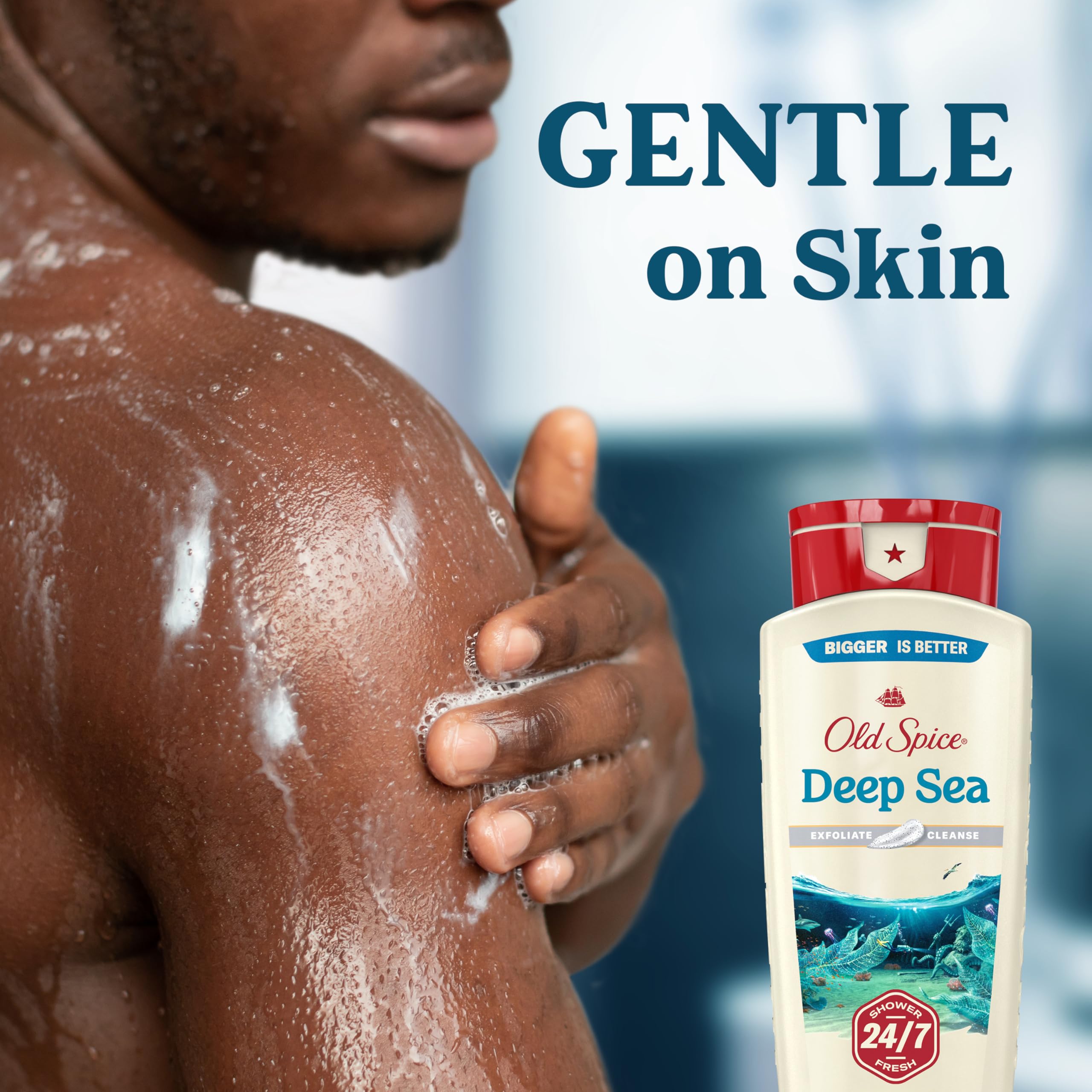 Old Spice Exfoliate and Cleanse foam action demonstrates exfoliating wash.