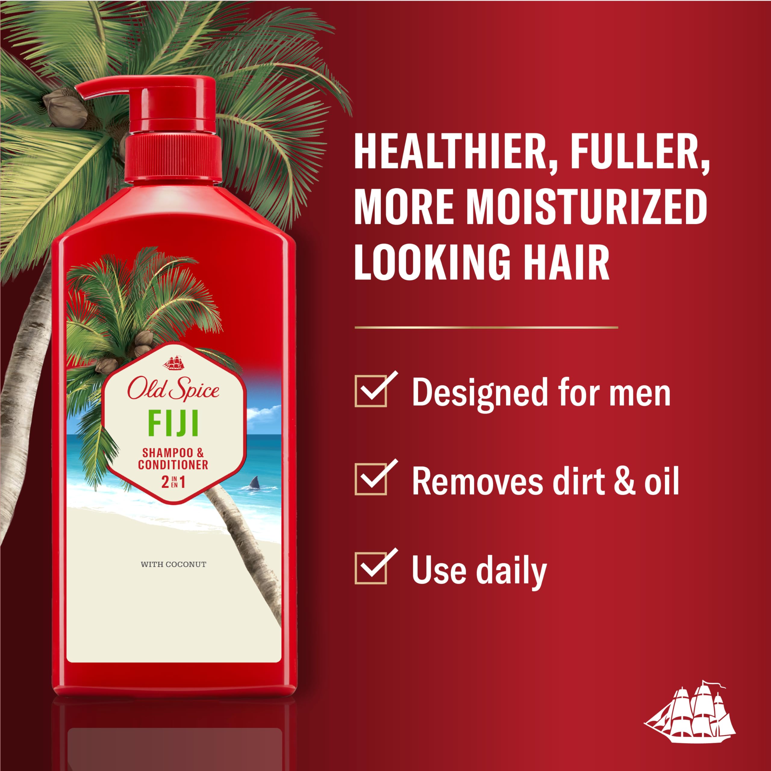Old Spice Fiji 2-in-1 bottle back label shows key ingredients and usage tips.