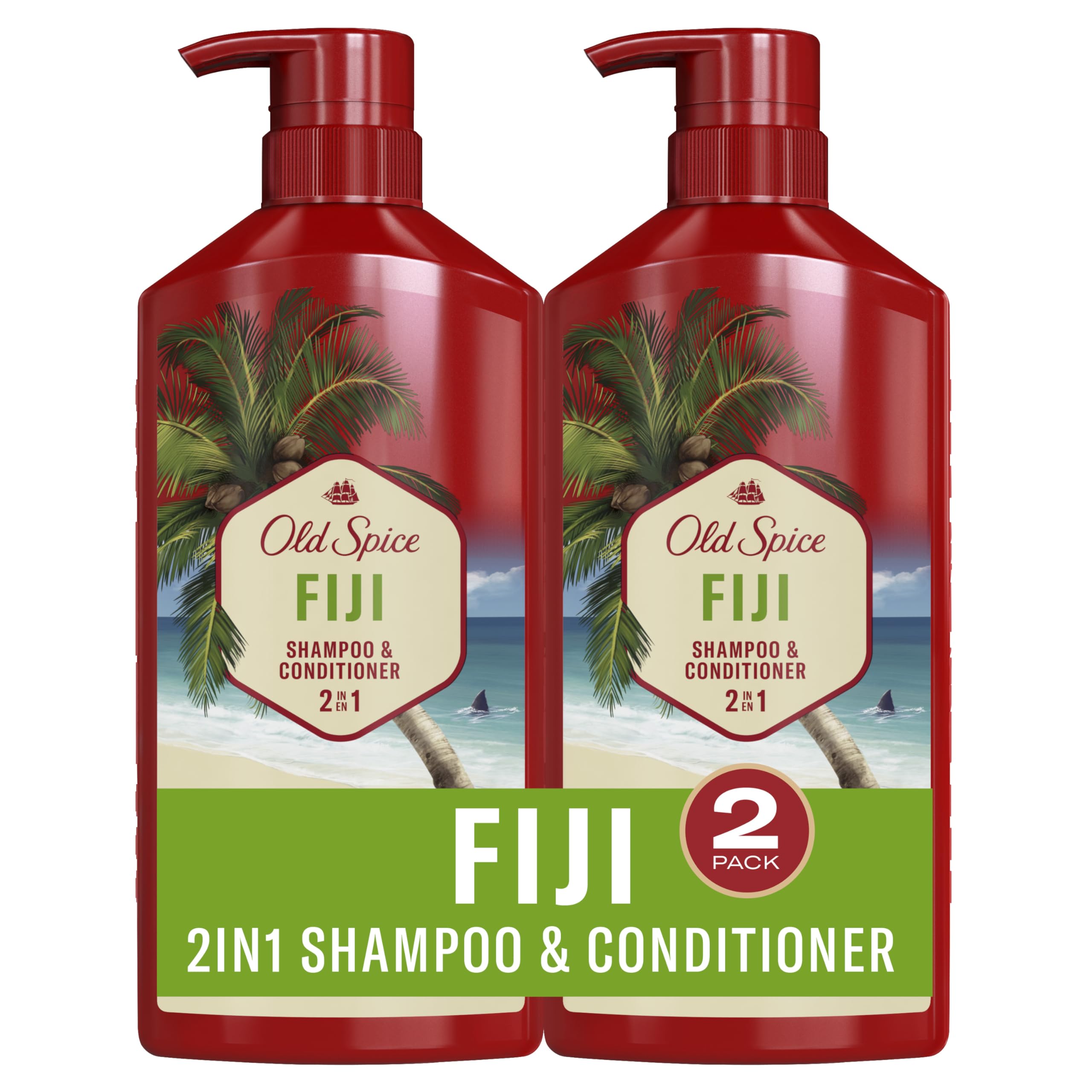 Old Spice Fiji 2-in-1 bottle front view with coconut and tropical wood scent.