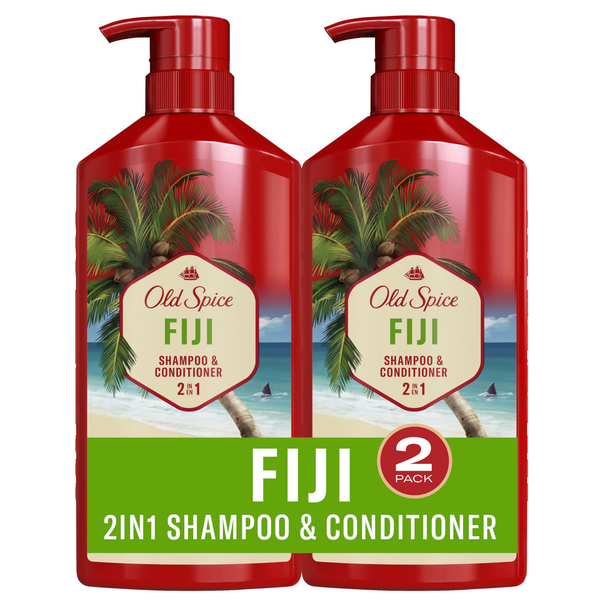 Old Spice Fiji 2-in-1 bottle front view with coconut and tropical wood scent.