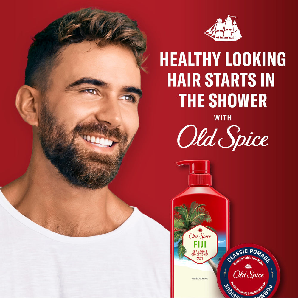 Old Spice Fiji 2-in-1 cap close-up shows rugged design.
