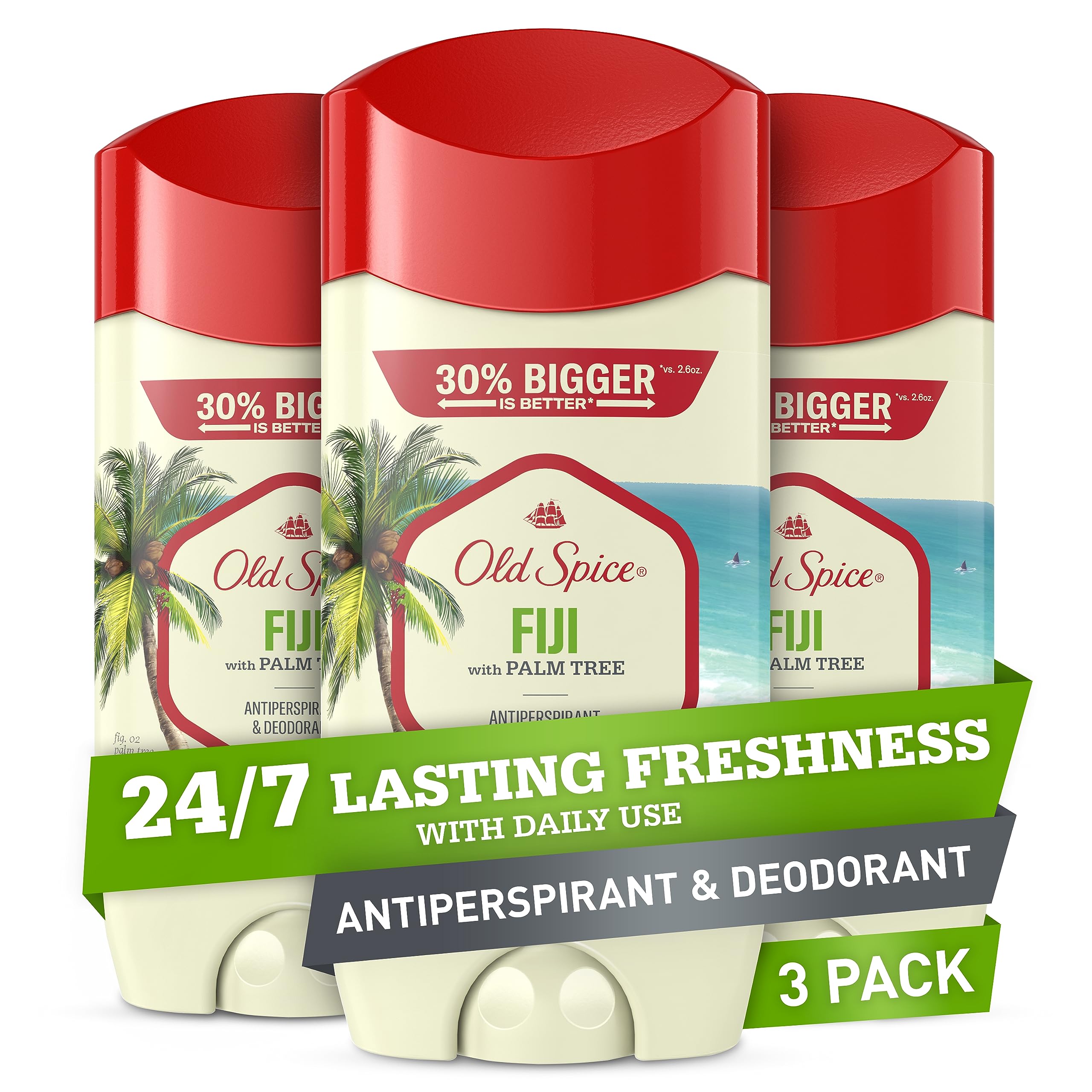 Old Spice Fiji antiperspirant bottle with palm-tree scent for all-day protection.