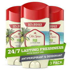 Old Spice Fiji antiperspirant bottle with palm-tree scent for all-day protection.