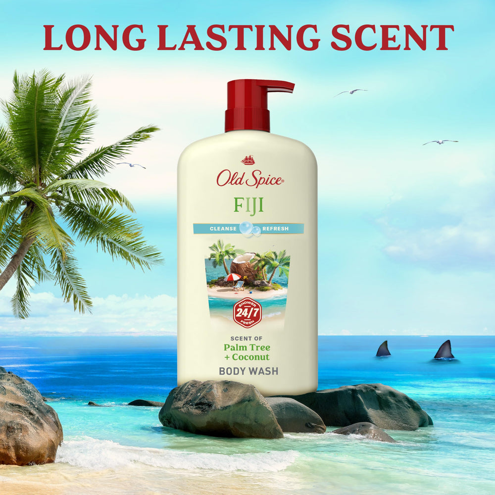 Hands lathering Old Spice Fiji body wash during wash