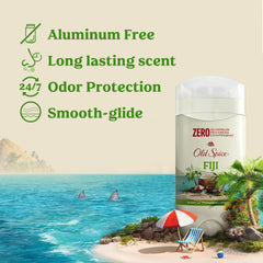 Close-up of Old Spice Fiji Palm Tree deodorant bottle showing aluminum-free protection