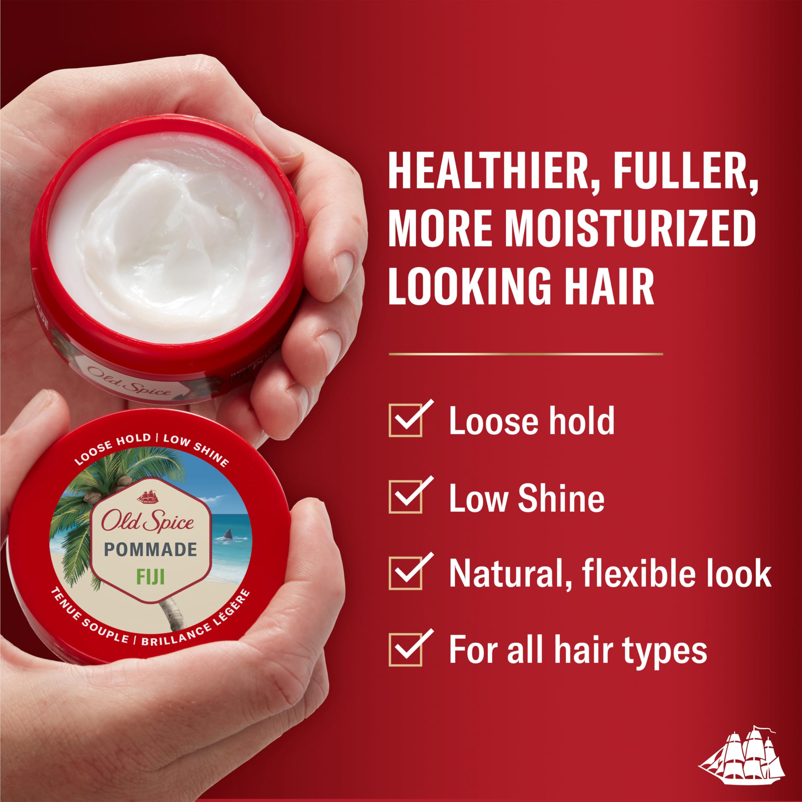 Old Spice Fiji Pomade en tus manos, aplicación suave para peinado