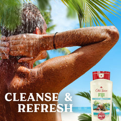Old Spice Fiji tropical scent with palm trees and coconuts visual