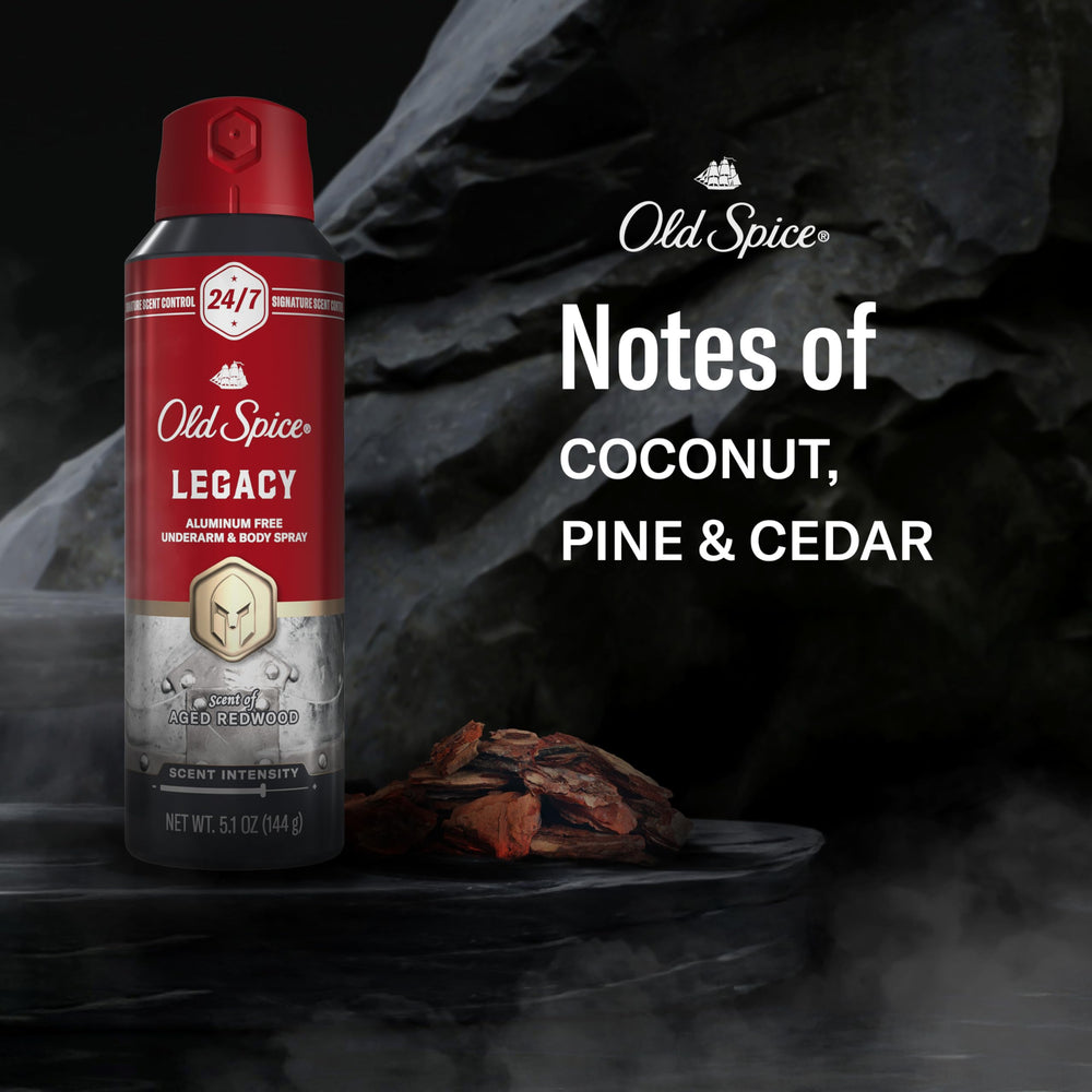 Old Spice fragancia pino y cedro con coco para un aroma masculino intenso.