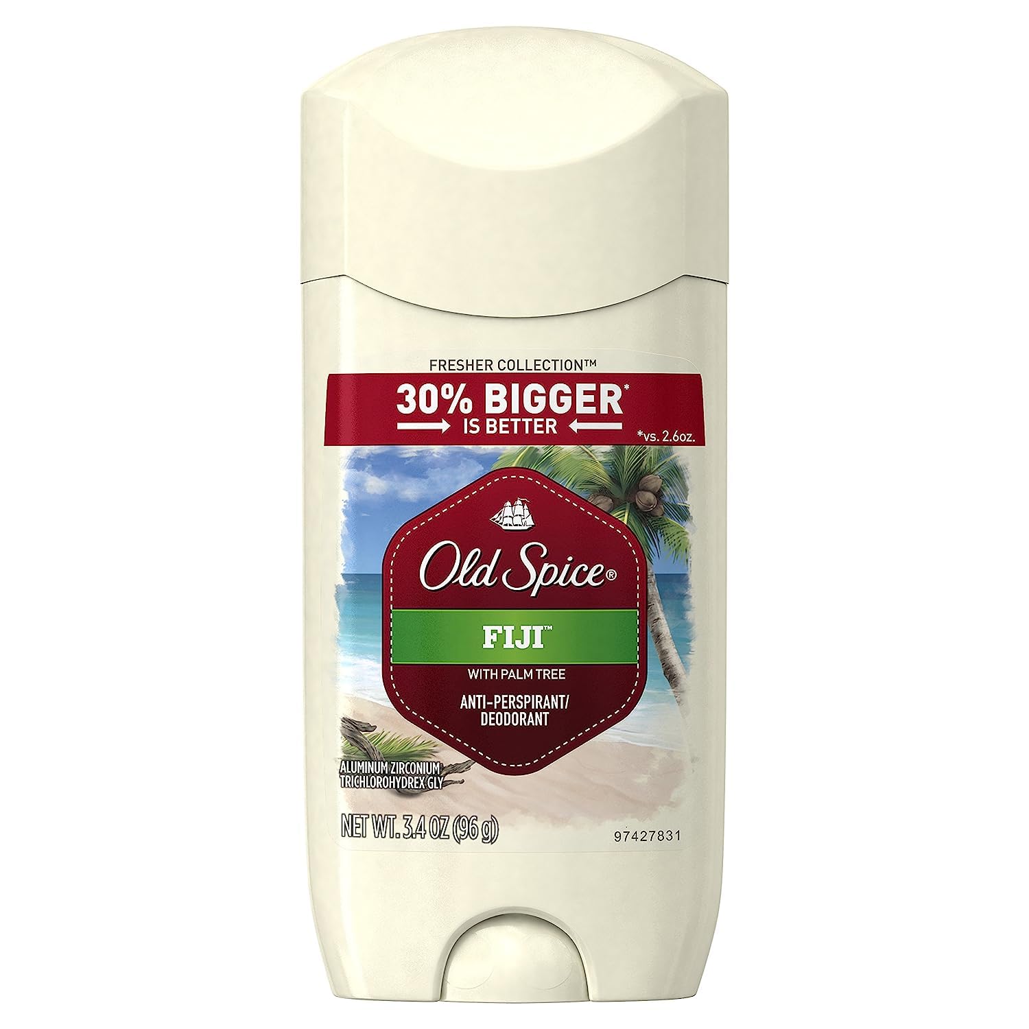 Old Spice Fresher Fiji deodorant bottle showing tropical scent for all-day freshness.