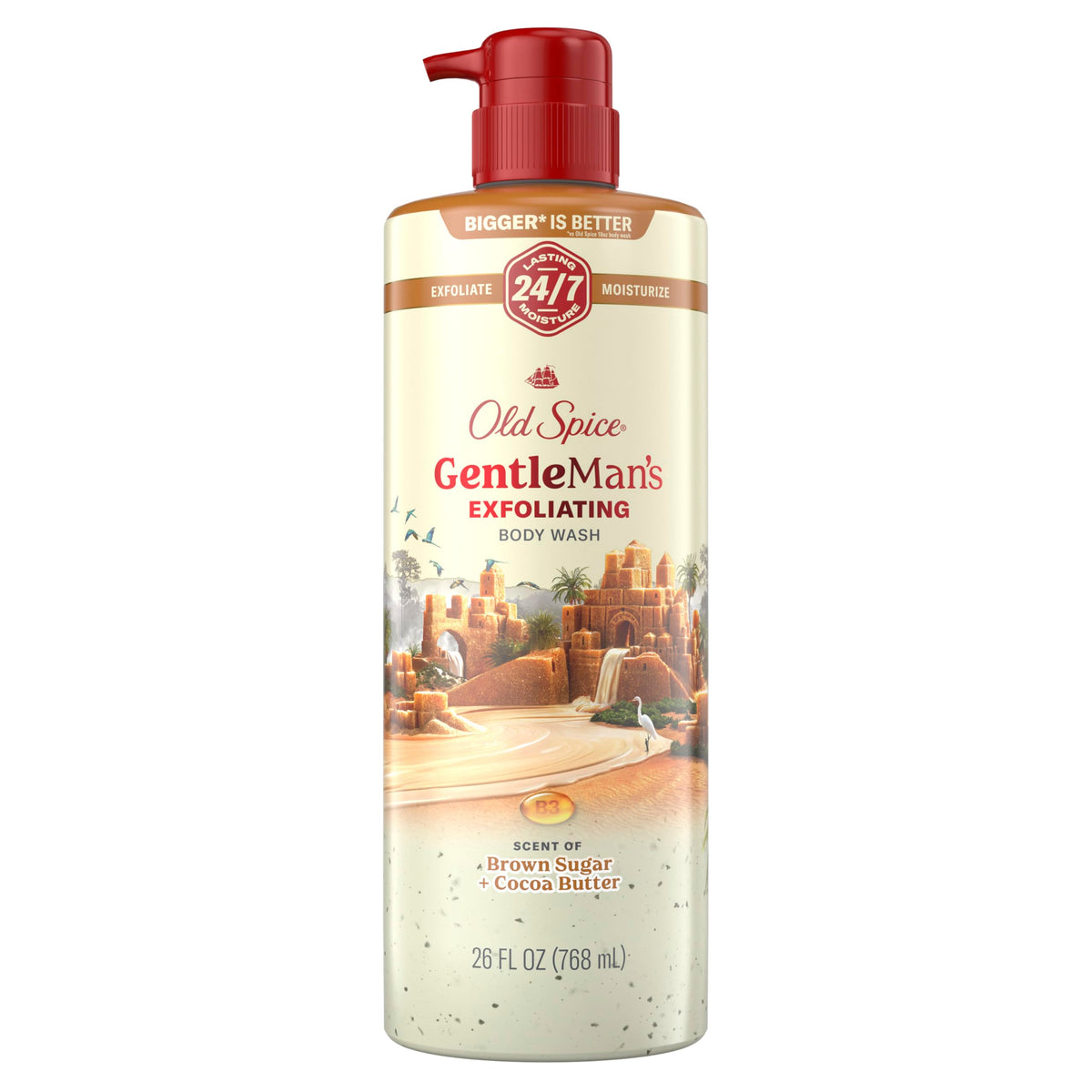 Old Spice gel de ducha exfoliante en botella, hidratante para la piel durante la ducha.