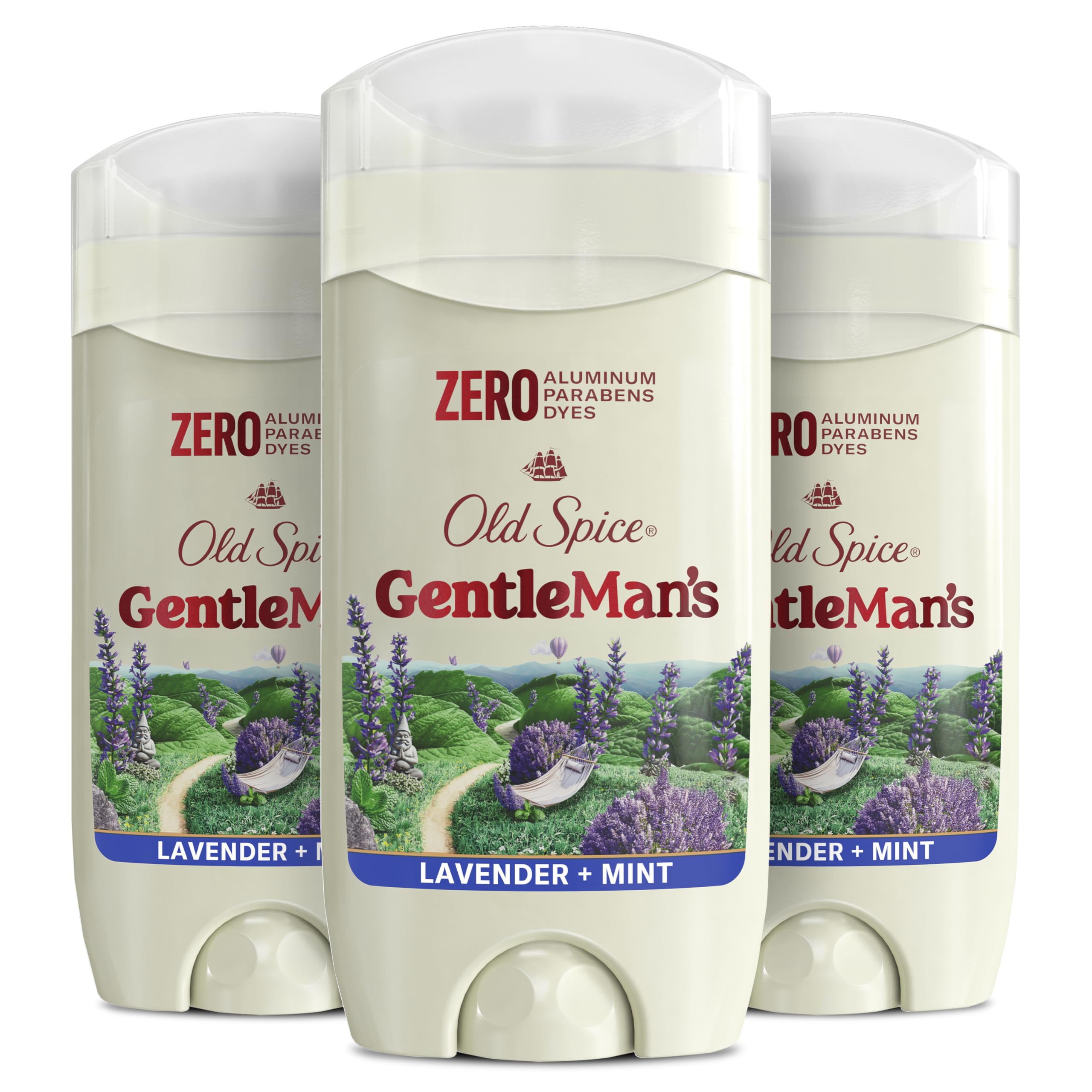 Old Spice GentleMan's aluminum-free deodorant bottle on counter with lavender mint scent