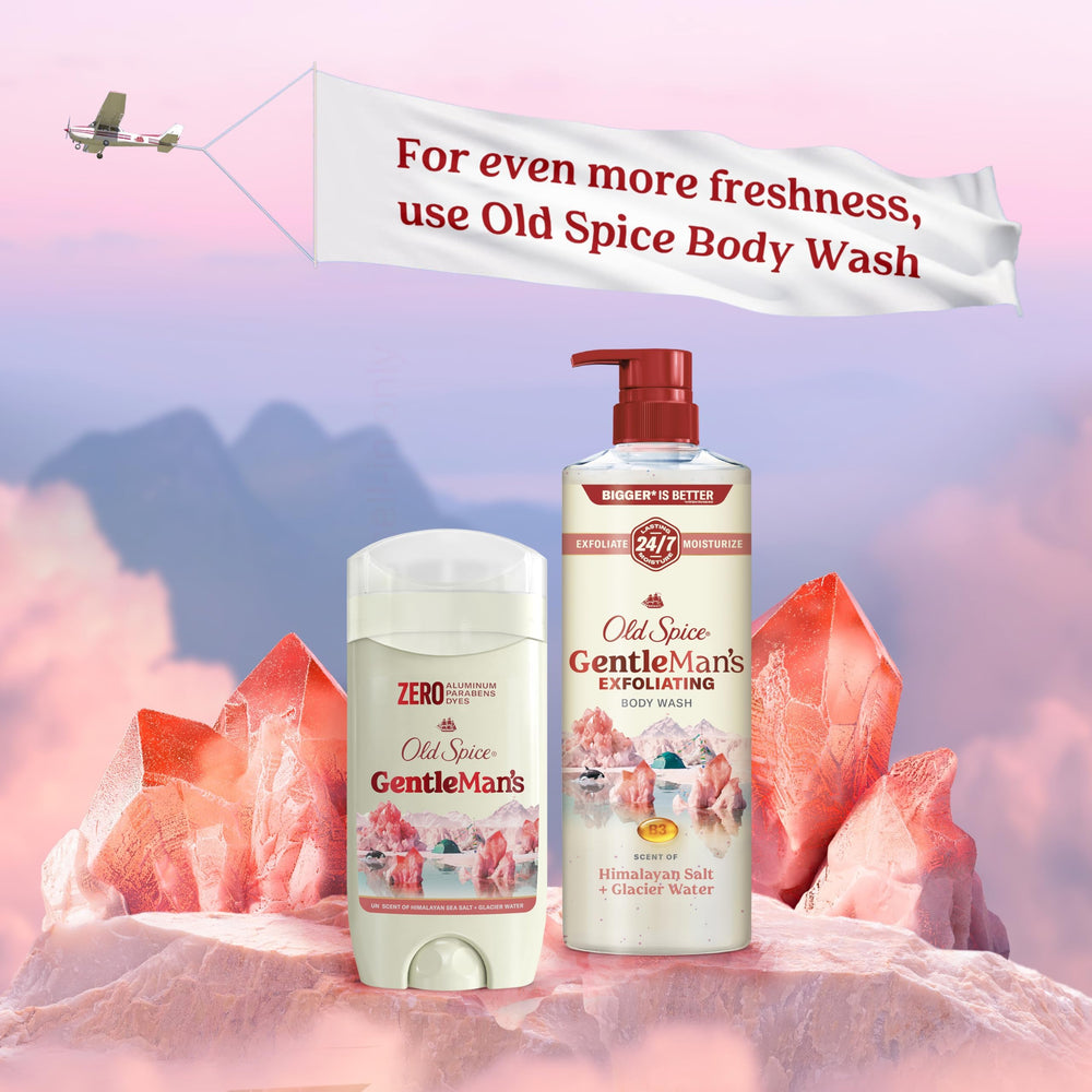 Bottle of Old Spice GentleMan's Blend highlighting skin conditioners