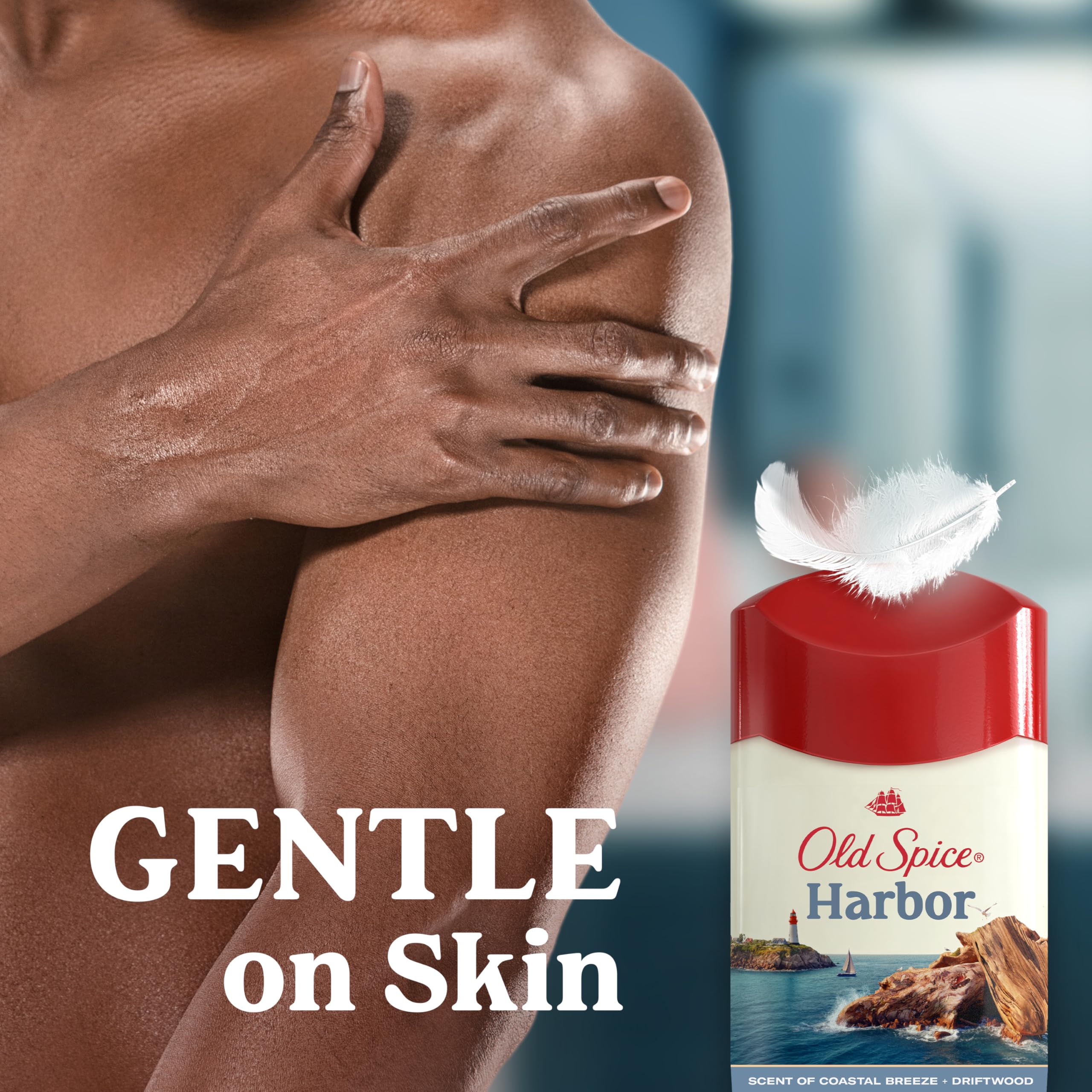 Old Spice Harbor Scent tube display on a bathroom counter.