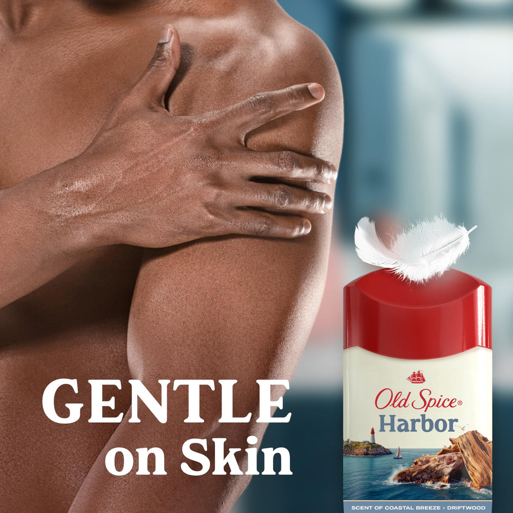 Old Spice Harbor Scent tube display on a bathroom counter.
