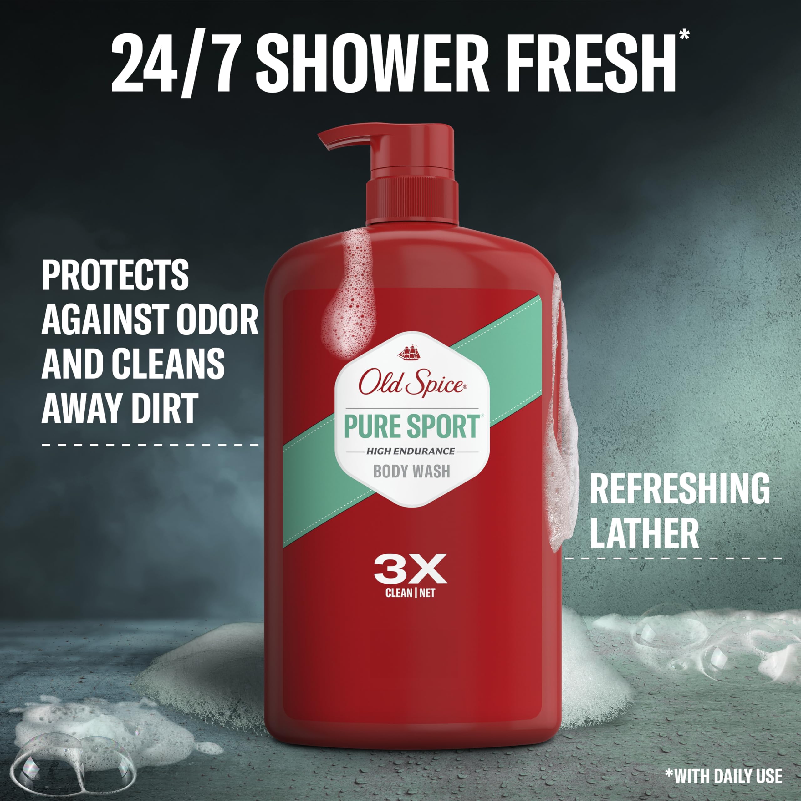Old Spice High Endurance lather rinse showing creamy foam for thorough washing.