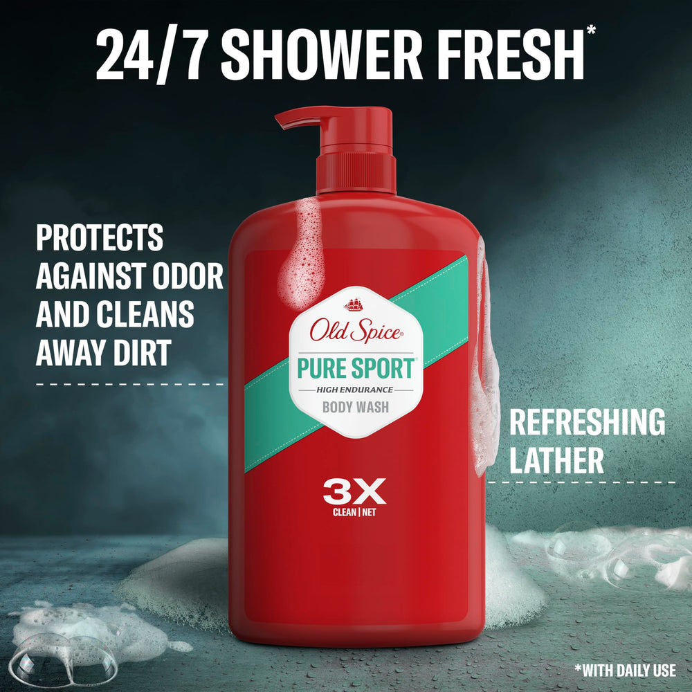 Old Spice High Endurance lather rinse showing creamy foam for thorough washing.