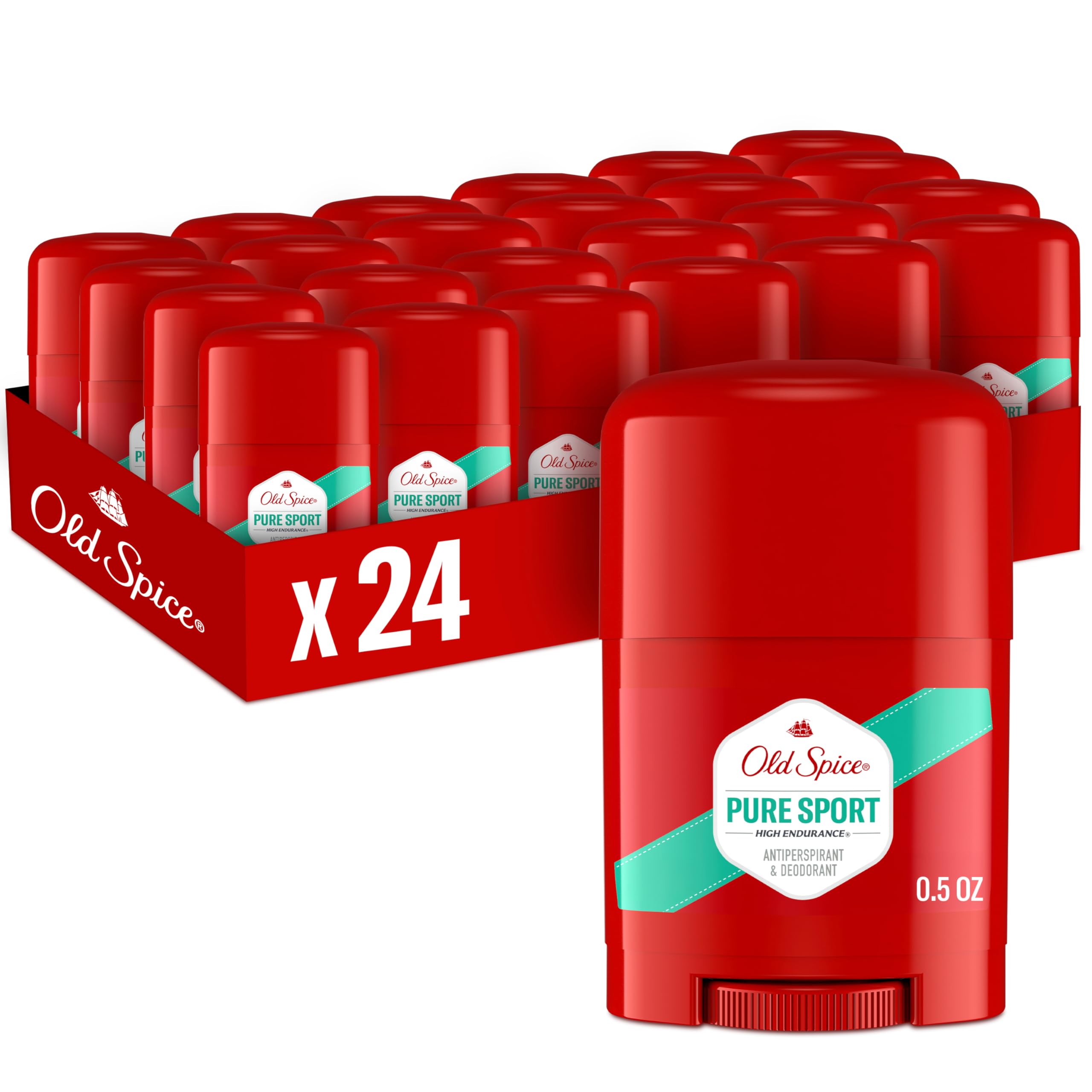Old Spice High Endurance 24-pack invisible solid antiperspirant protecting against sweat.