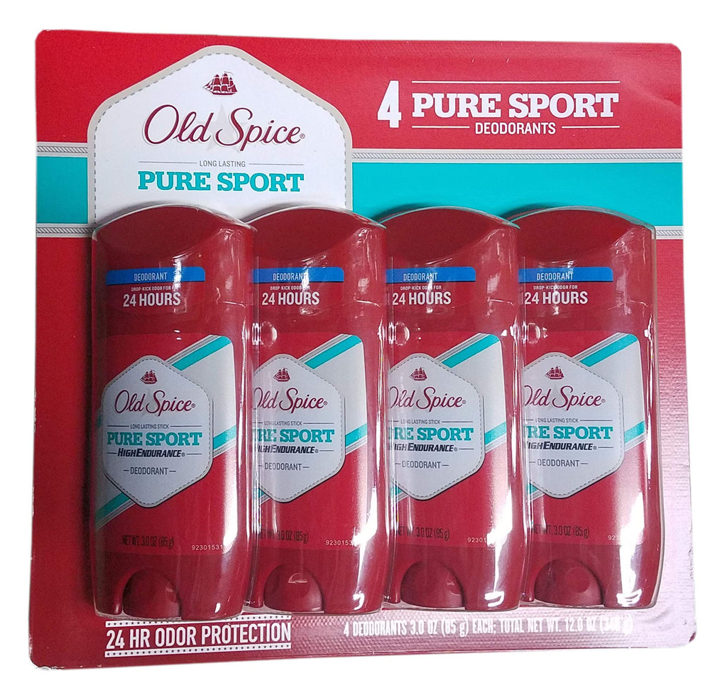Old Spice High Endurance Pure Sport bottle shown, delivering long-lasting protection for active days.