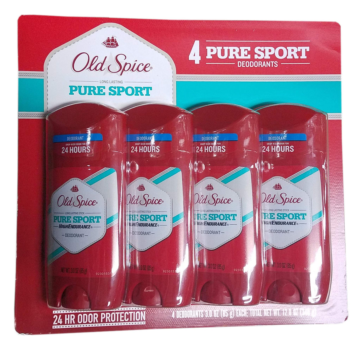 Old Spice High Endurance Pure Sport bottle shown, delivering long-lasting protection for active days.